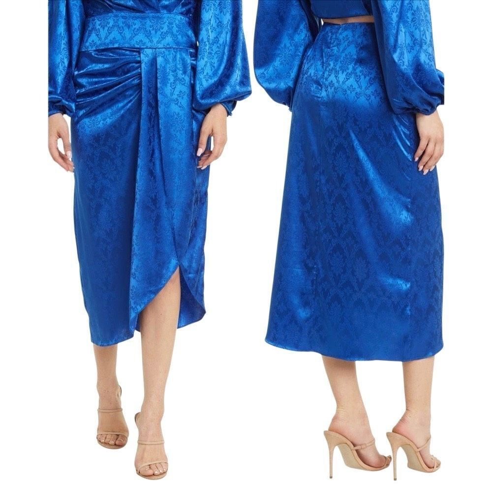 Ronny Kobo Miranda jacquard satin blue midi skirt Medium